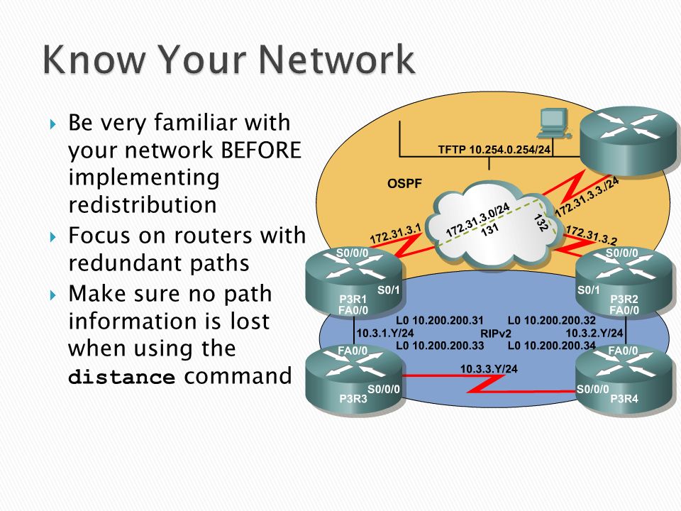 Know Your Network Be very familiar with your network BEFORE implementing redistribution. Focus on routers with redundant paths.