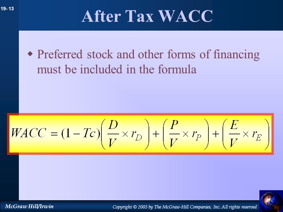 After Tax WACC Preferred stock and other forms of financing must be included in the formula