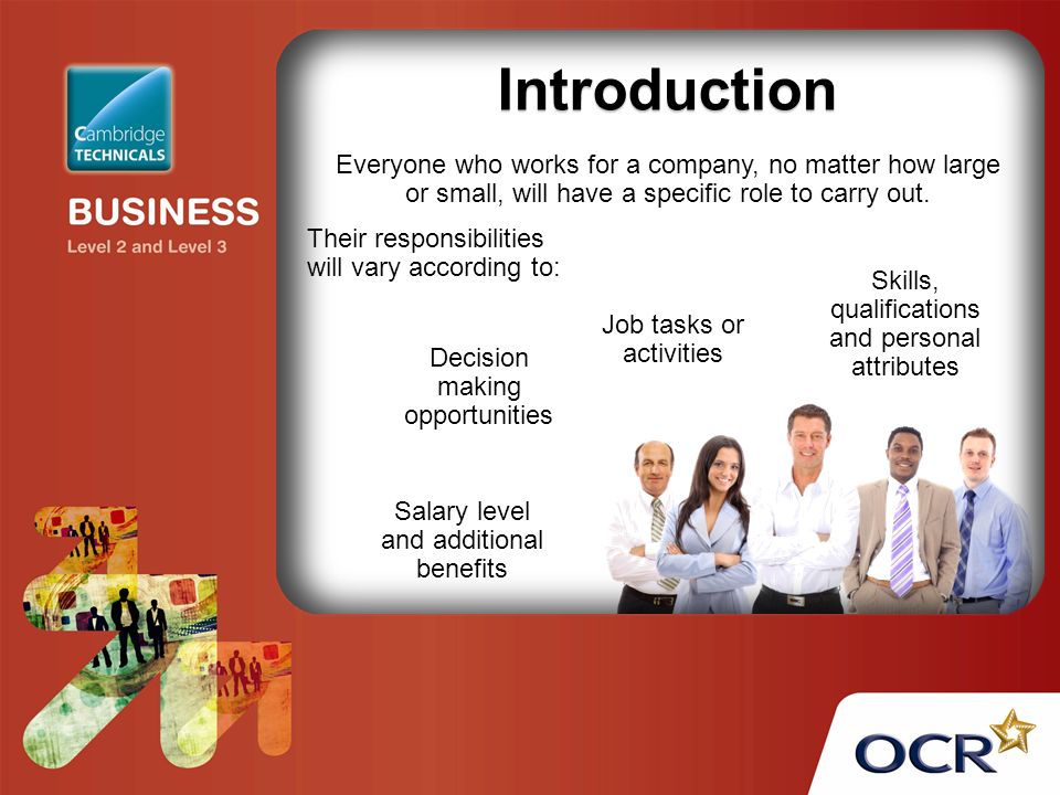 Introduction Everyone who works for a company, no matter how large or small, will have a specific role to carry out.