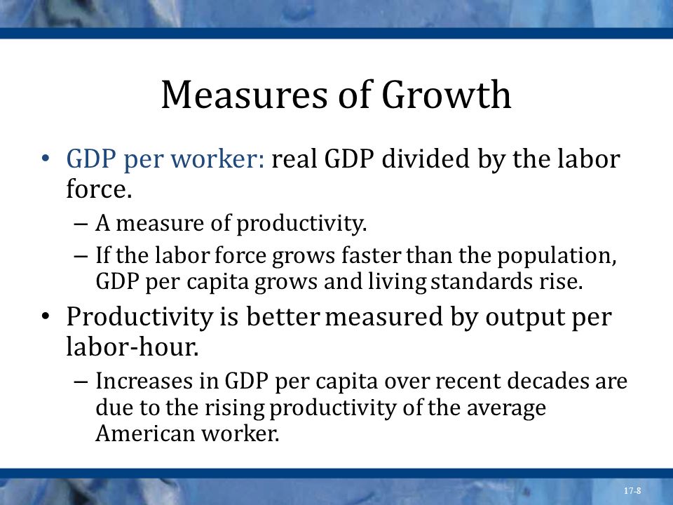 Measures of Growth GDP per worker: real GDP divided by the labor force. A measure of productivity.