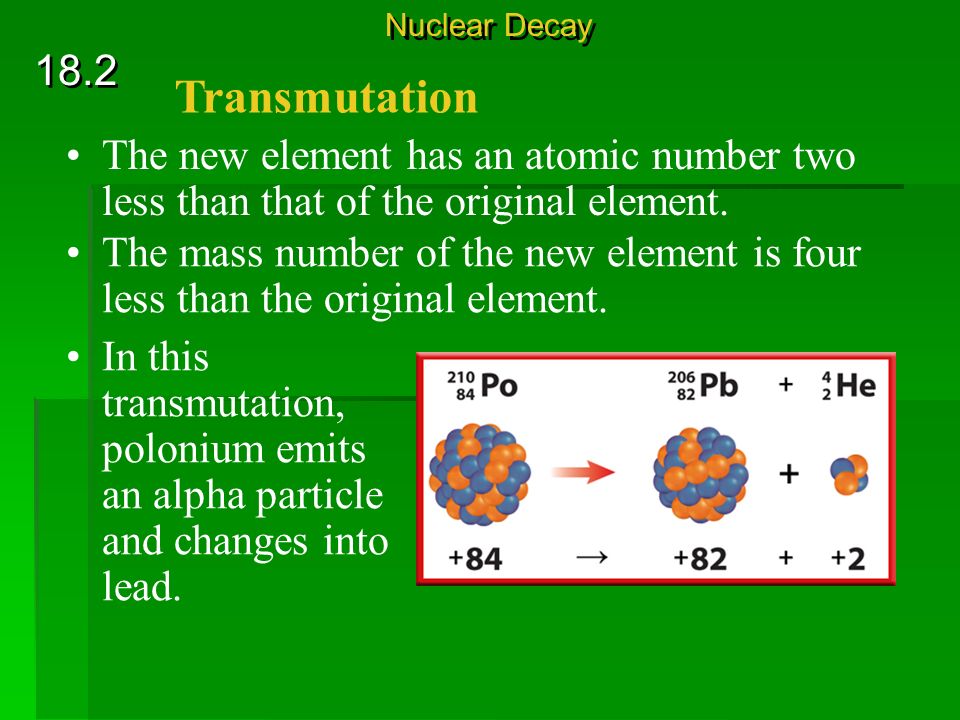 Nuclear Decay Transmutation. The new element has an atomic number two less than that of the original element.