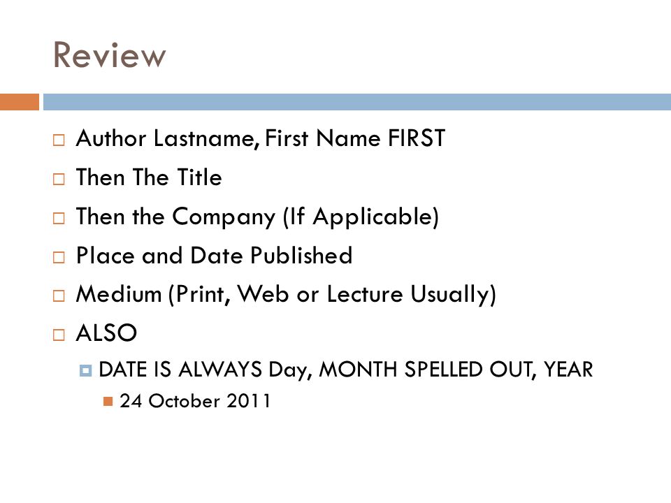 Review Author Lastname, First Name FIRST Then The Title