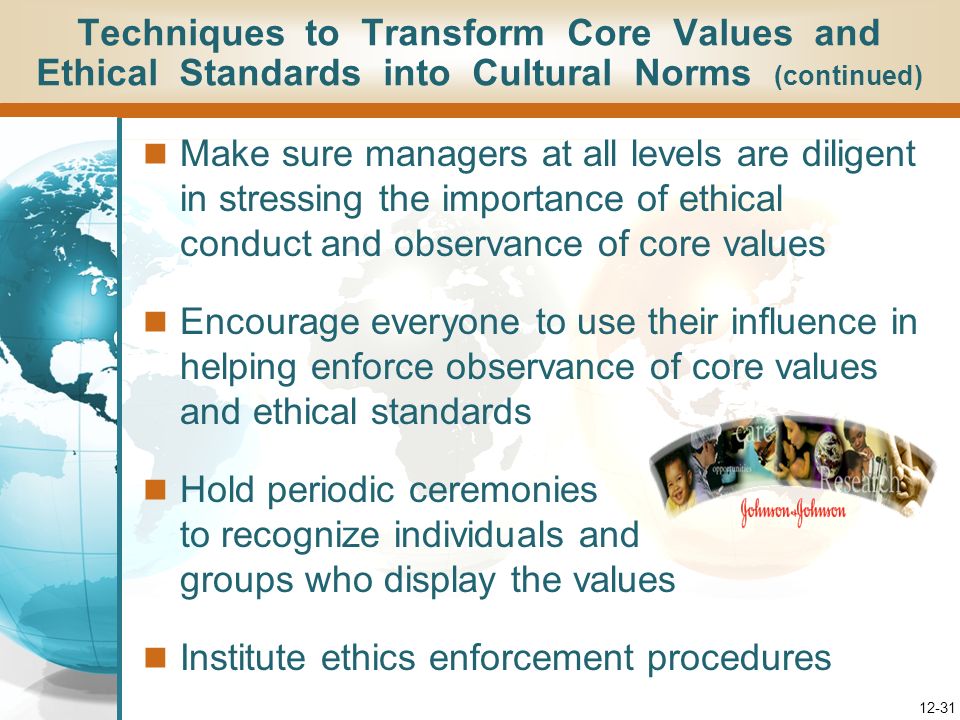Techniques to Transform Core Values and Ethical Standards into Cultural Norms (continued)