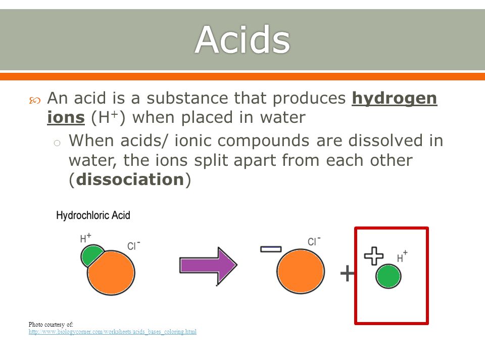 Acids An acid is a substance that produces hydrogen ions (H+) when placed in water.