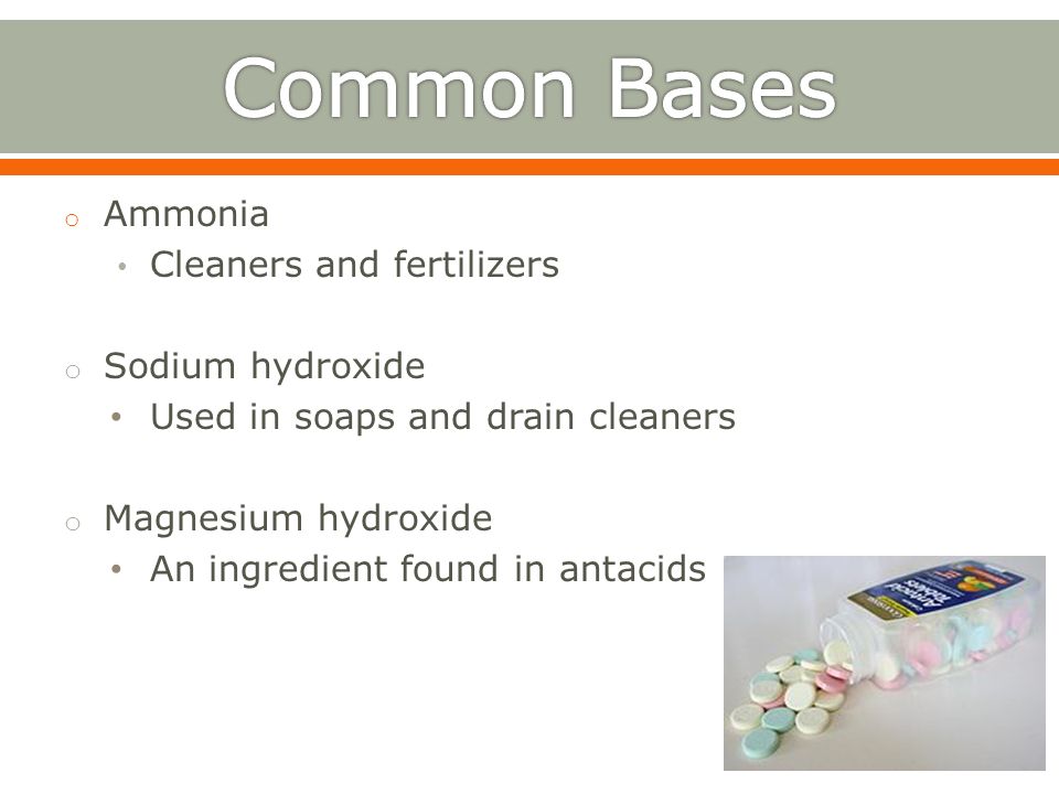 Common Bases Ammonia Cleaners and fertilizers Sodium hydroxide