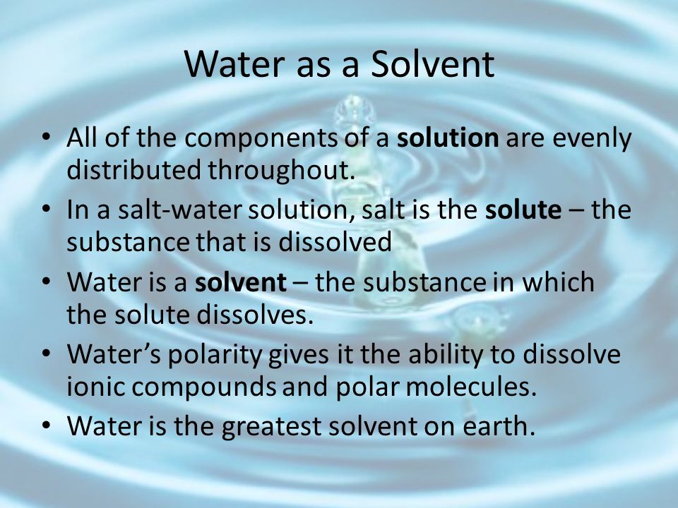 Water as a Solvent All of the components of a solution are evenly distributed throughout.