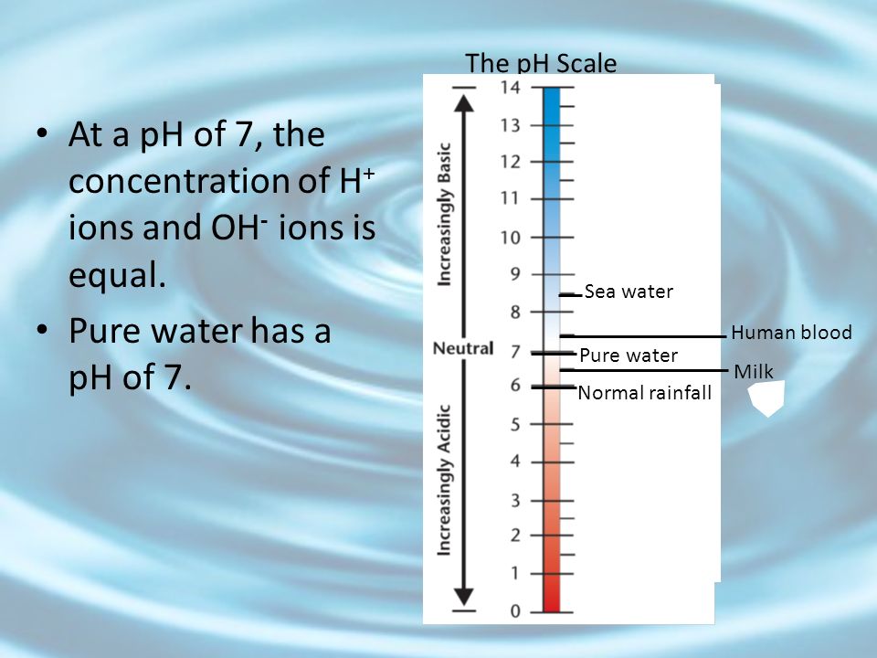 At a pH of 7, the concentration of H+ ions and OH- ions is equal.