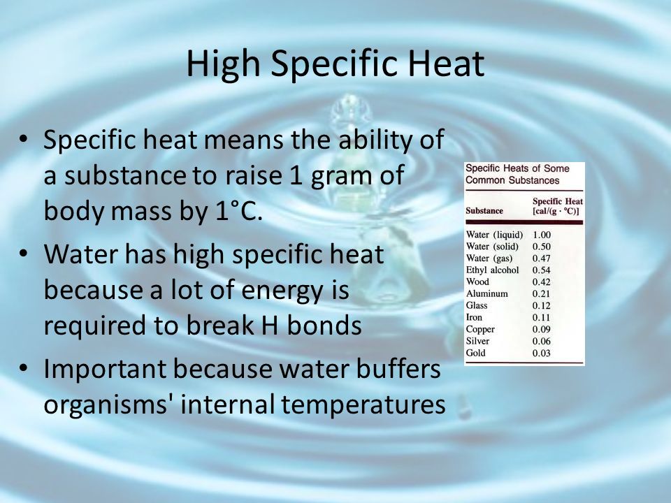 High Specific Heat Specific heat means the ability of a substance to raise 1 gram of body mass by 1°C.