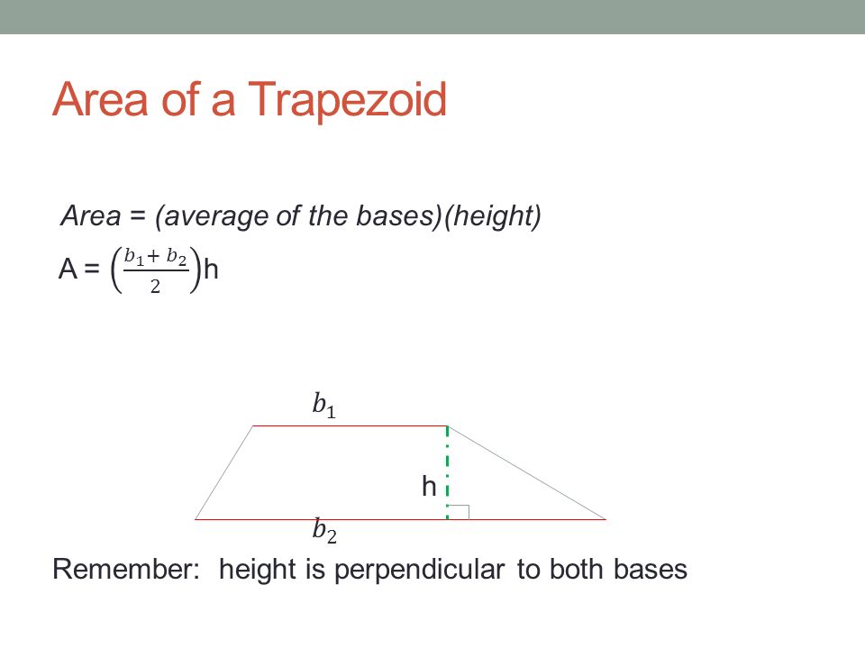 Area of a Trapezoid Area = (average of the bases)(height) A = 𝑏 1 + 𝑏 2 2 h 𝑏 1 h 𝑏 2 Remember: height is perpendicular to both bases