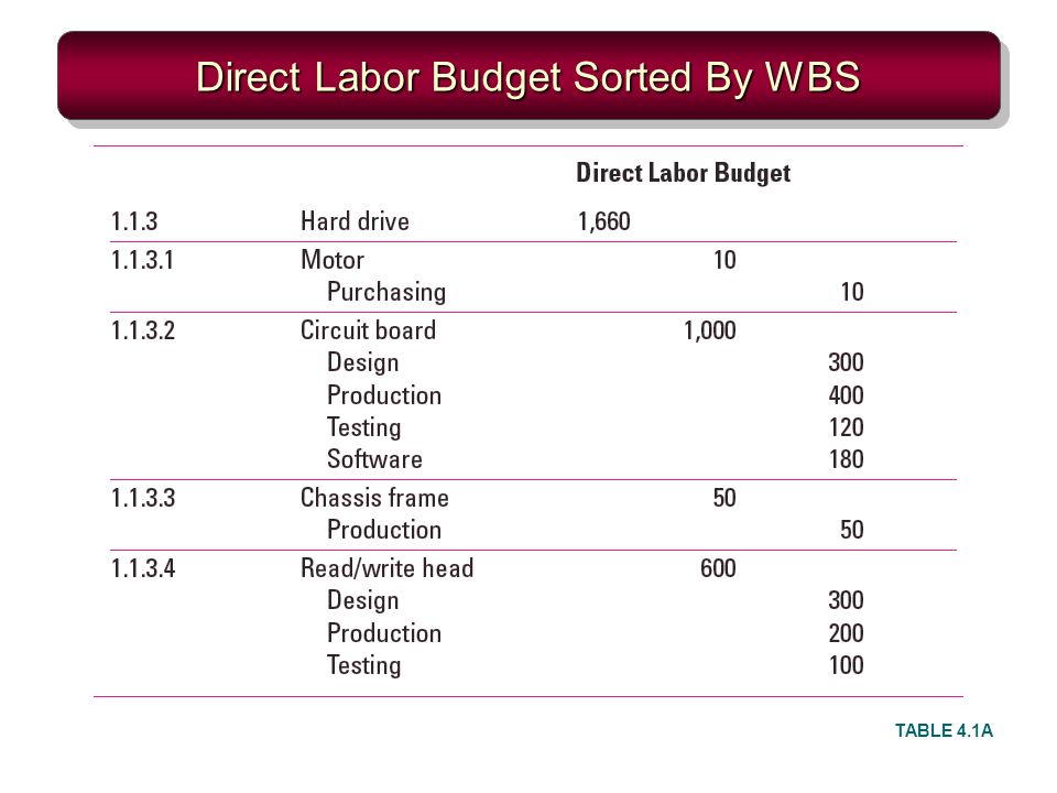 Direct Labor Budget Sorted By WBS