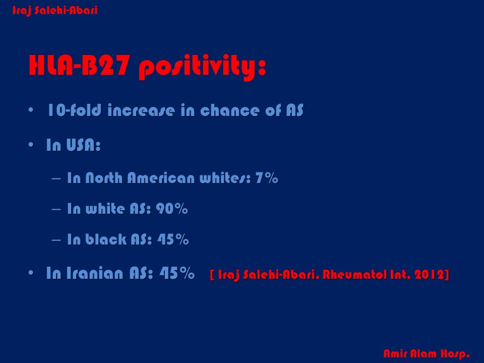 HLA-B27 positivity: 10-fold increase in chance of AS In USA:
