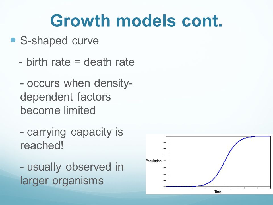 Growth models cont. S-shaped curve - birth rate = death rate