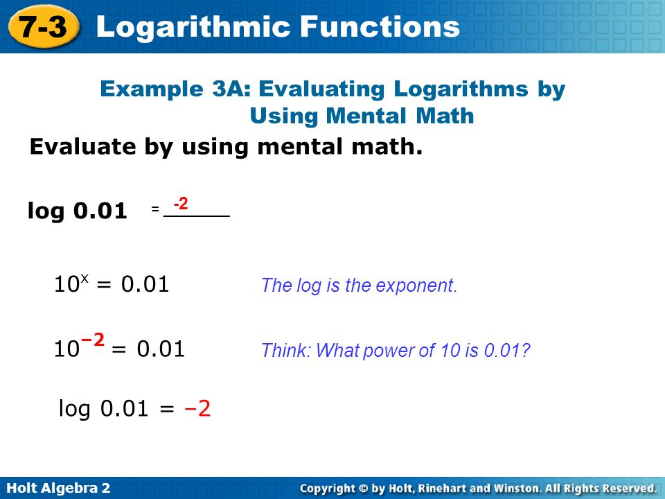 Example 3A: Evaluating Logarithms by Using Mental Math