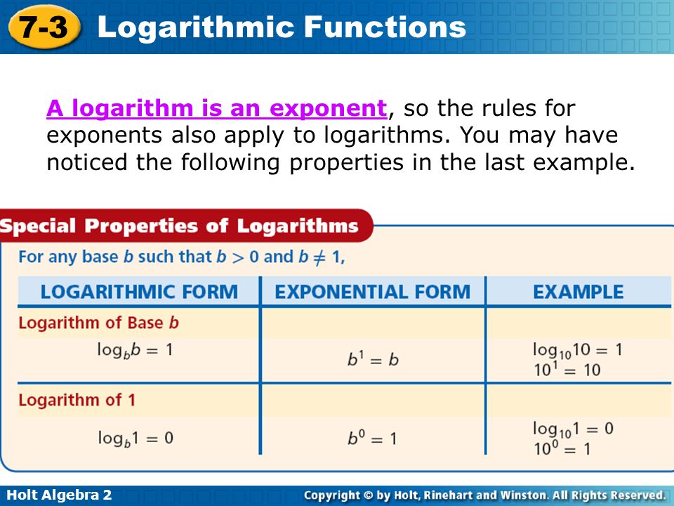 A logarithm is an exponent, so the rules for exponents also apply to logarithms.