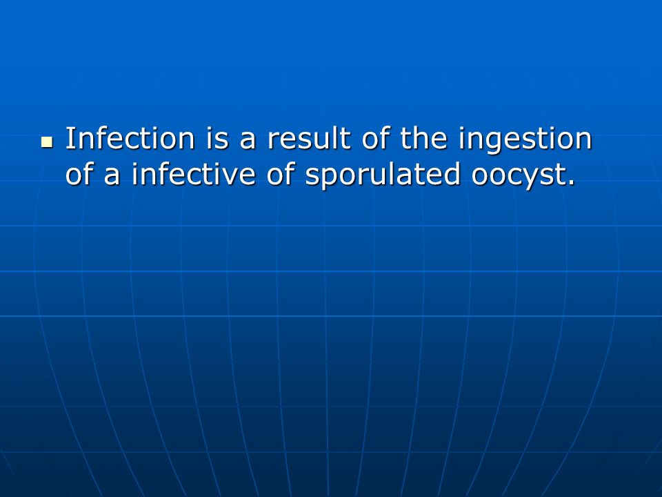Infection is a result of the ingestion of a infective of sporulated oocyst.