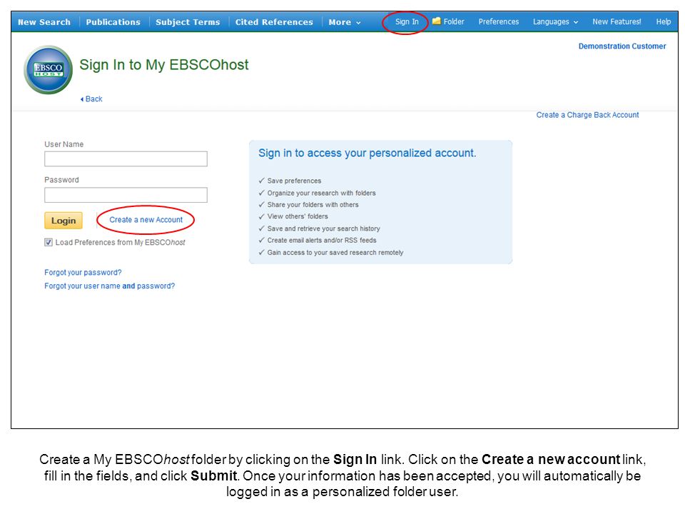 Create a My EBSCOhost folder by clicking on the Sign In link
