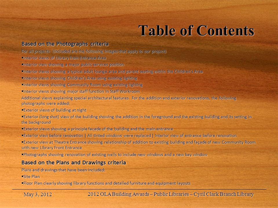 Table of Contents Based on the Photographs criteria
