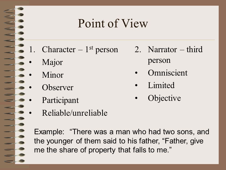 Point of View Character – 1st person Major Minor Observer Participant
