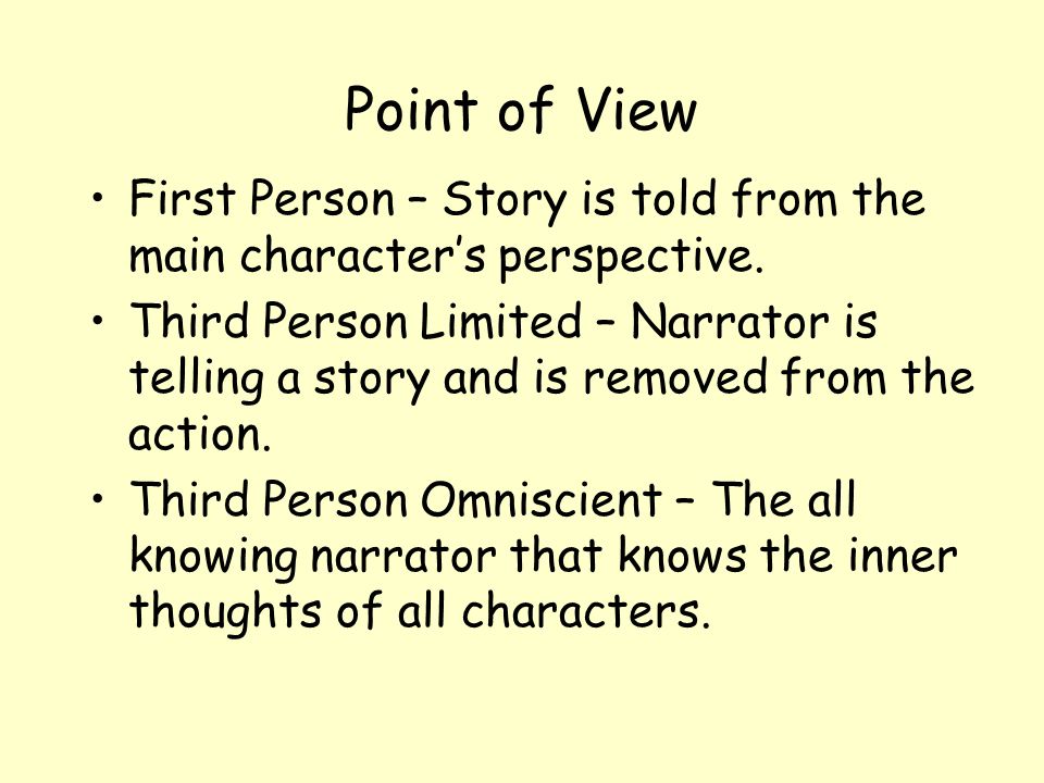 Point of View First Person – Story is told from the main character’s perspective.