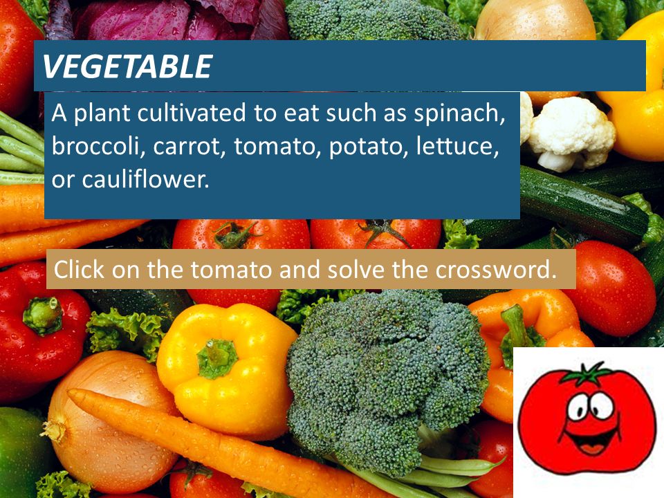 VEGETABLE A plant cultivated to eat such as spinach, broccoli, carrot, tomato, potato, lettuce, or cauliflower.