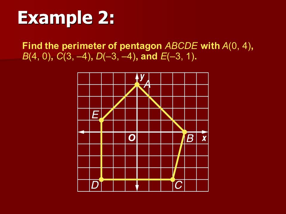 Example 2: Find the perimeter of pentagon ABCDE with A(0, 4), B(4, 0), C(3, –4), D(–3, –4), and E(–3, 1).