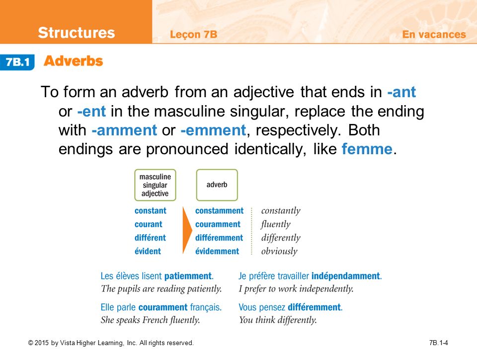 To form an adverb from an adjective that ends in -ant or -ent in the masculine singular, replace the ending with -amment or -emment, respectively. Both endings are pronounced identically, like femme.