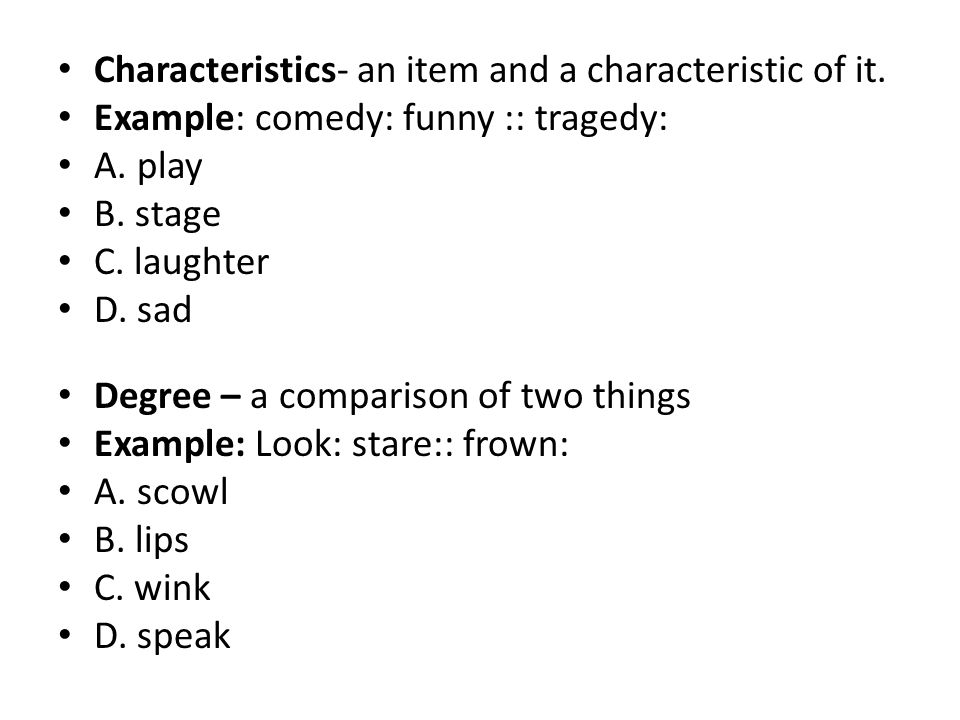Characteristics- an item and a characteristic of it.