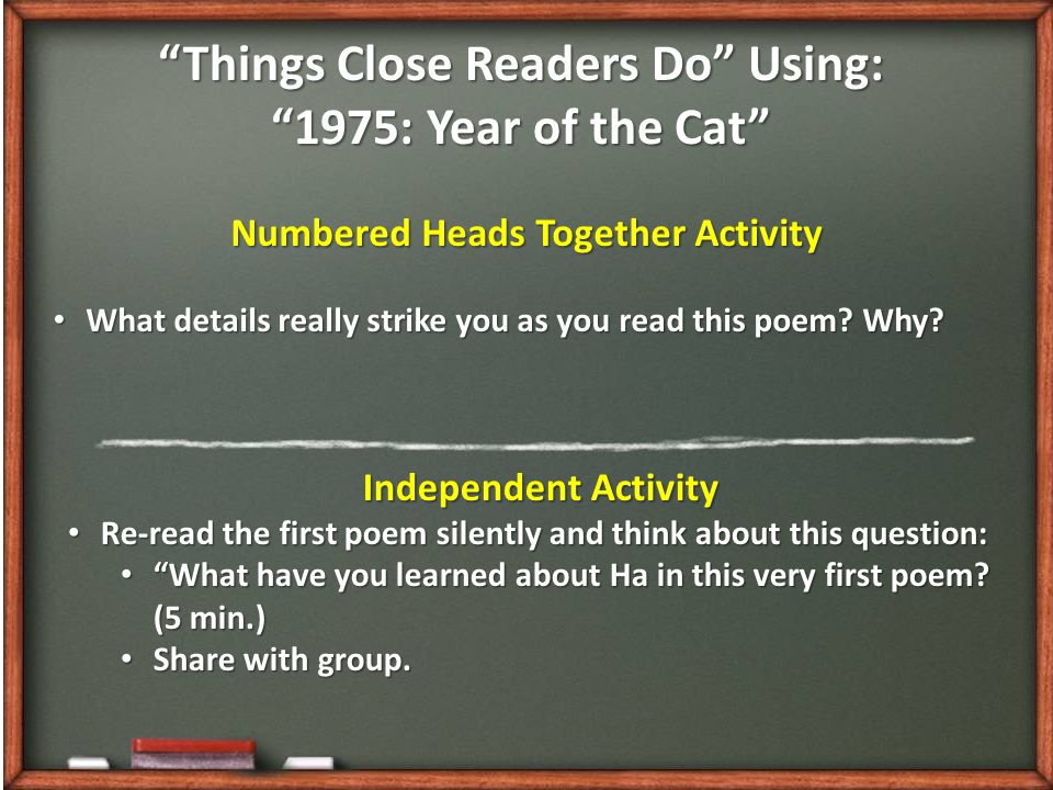 Things Close Readers Do Using: Numbered Heads Together Activity