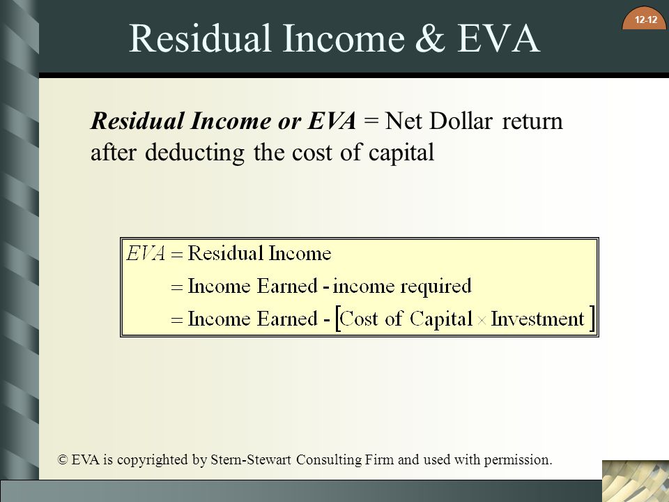 Residual Income & EVA Residual Income or EVA = Net Dollar return after deducting the cost of capital.