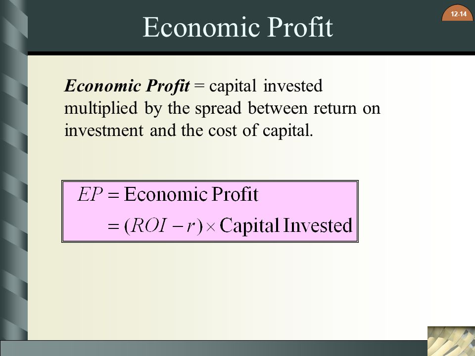 Economic Profit Economic Profit = capital invested multiplied by the spread between return on investment and the cost of capital.