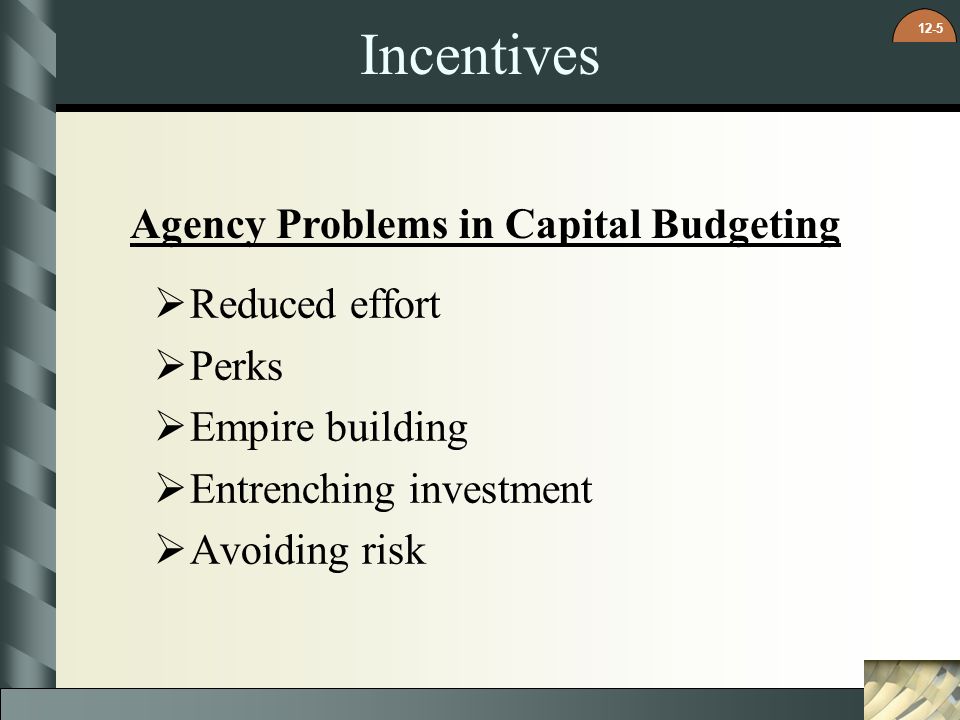 Incentives Agency Problems in Capital Budgeting Reduced effort Perks