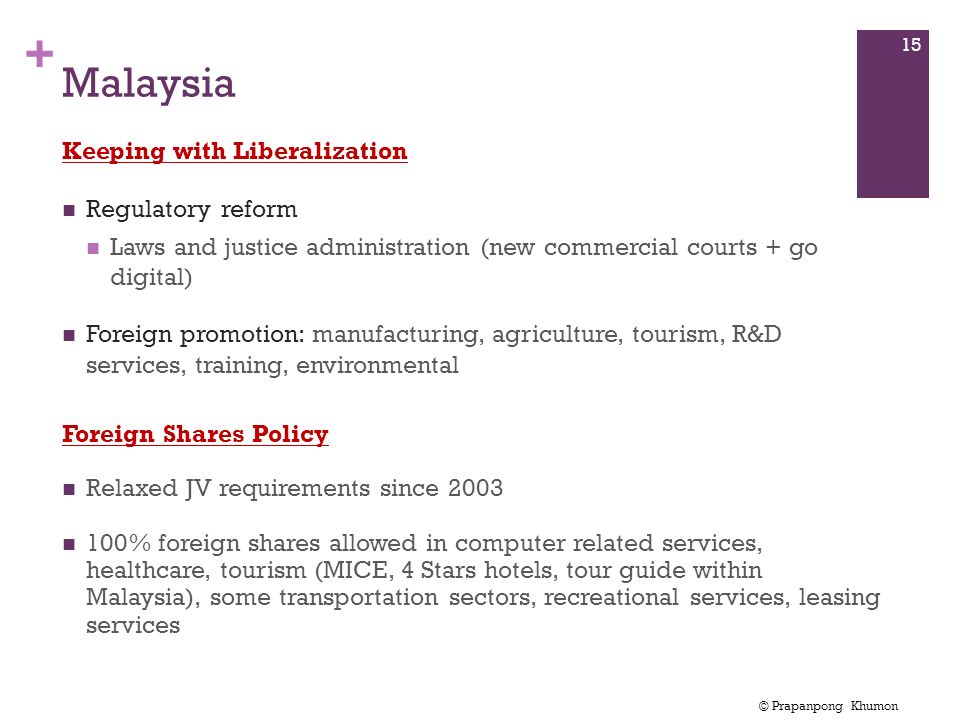 Malaysia Keeping with Liberalization Regulatory reform