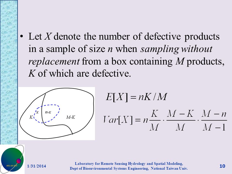 Let X denote the number of defective products in a sample of size n when sampling without replacement from a box containing M products, K of which are defective.