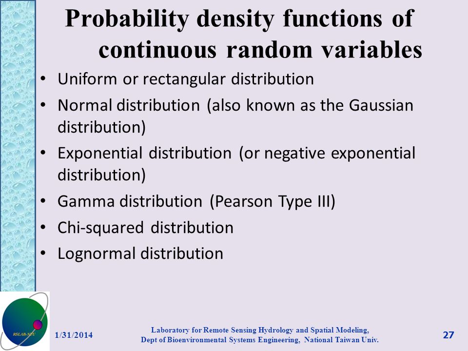 Probability density functions of continuous random variables