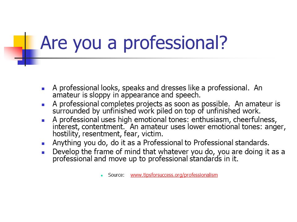 Are you a professional A professional looks, speaks and dresses like a professional. An amateur is sloppy in appearance and speech.