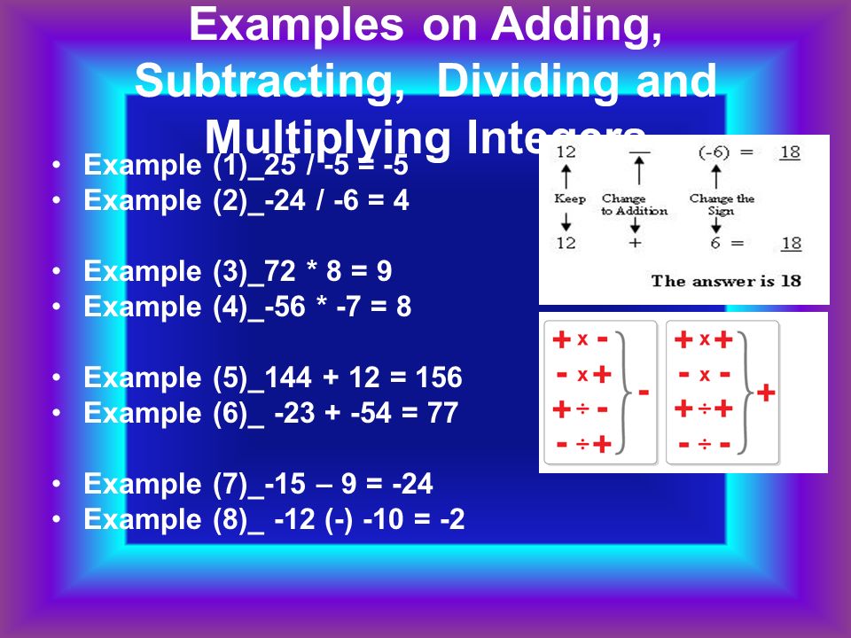 Examples on Adding, Subtracting, Dividing and Multiplying Integers