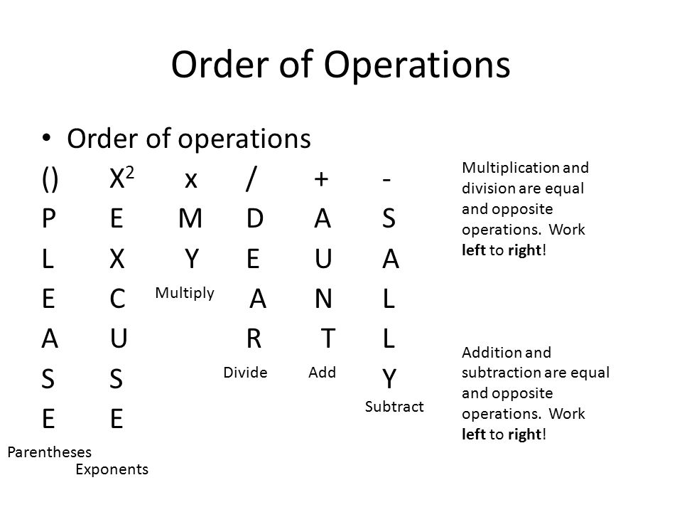 Order of Operations Order of operations () X2 x / + - P E M D A S