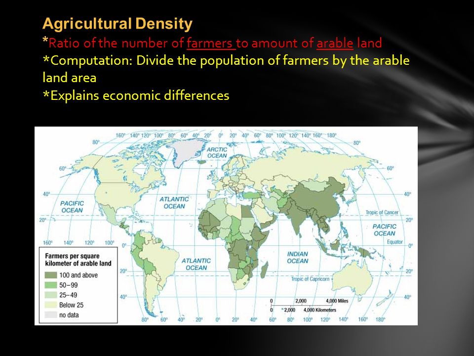 Agricultural Density *Ratio of the number of farmers to amount of arable land *Computation: Divide the population of farmers by the arable land area *Explains economic differences