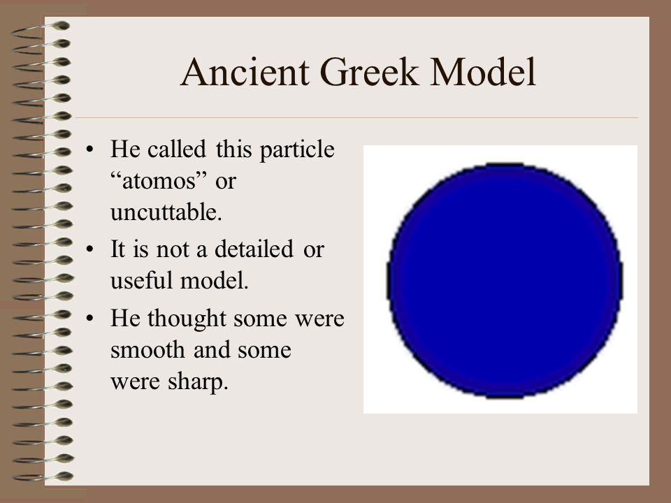Ancient Greek Model He called this particle atomos or uncuttable.