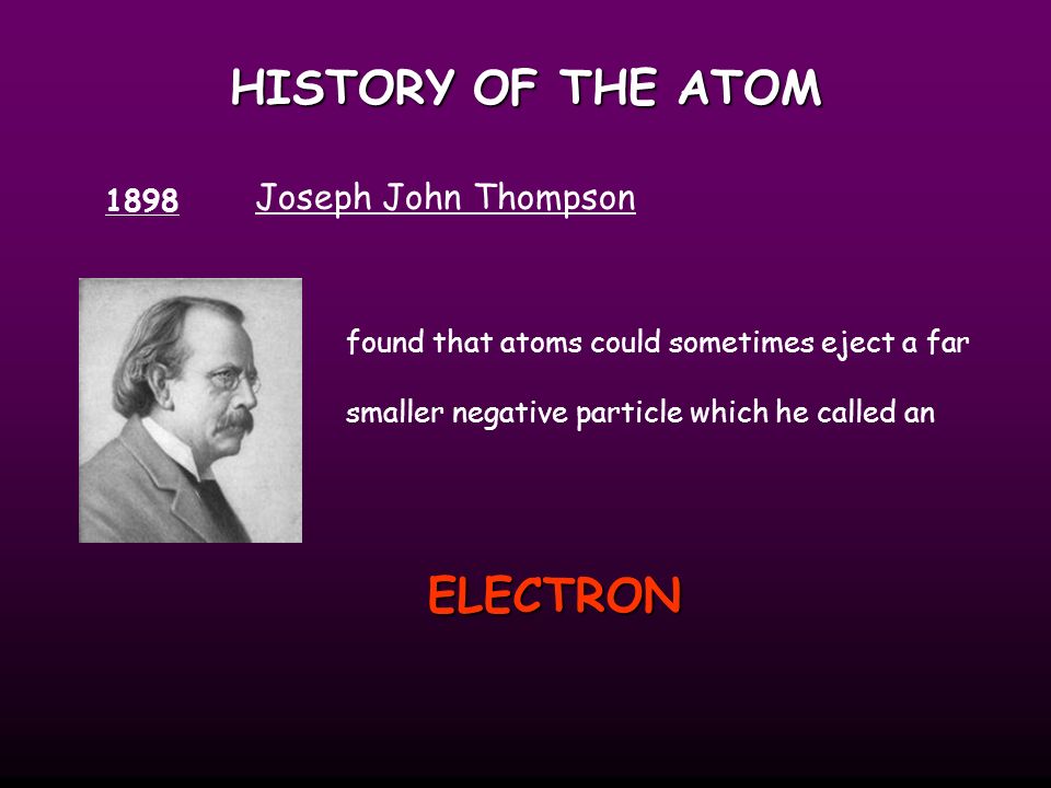 HISTORY OF THE ATOM ELECTRON Joseph John Thompson 1898