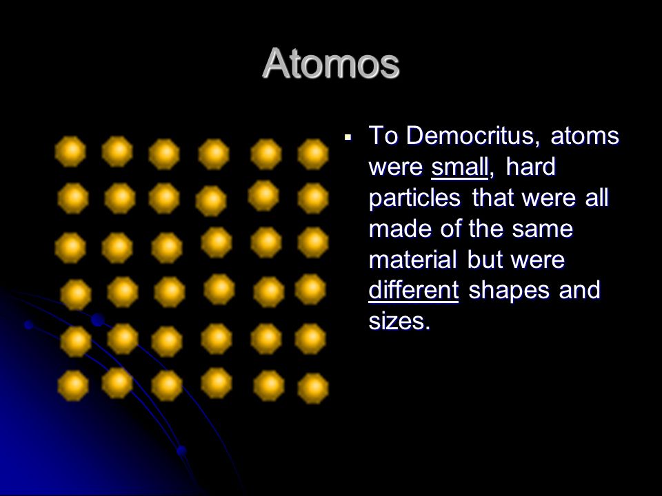 Atomos To Democritus, atoms were small, hard particles that were all made of the same material but were different shapes and sizes.
