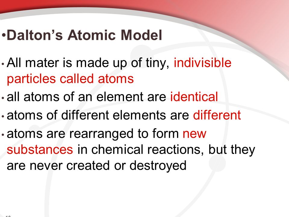 Dalton’s Atomic Model All mater is made up of tiny, indivisible particles called atoms. all atoms of an element are identical.