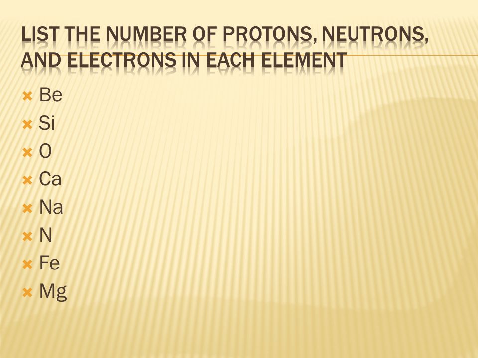 List the number of Protons, Neutrons, and Electrons in each element