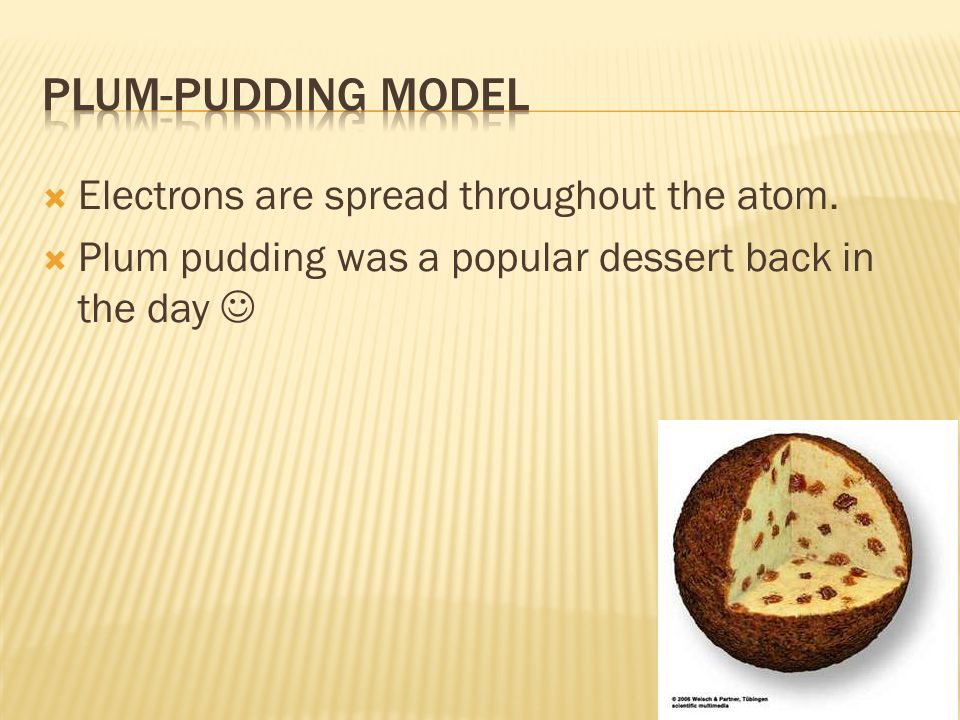 Plum-Pudding Model Electrons are spread throughout the atom.