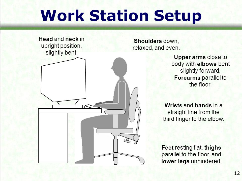 Work Station Setup Head and neck in upright position, slightly bent.