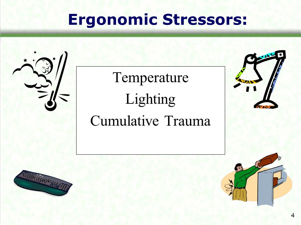 Ergonomic Stressors: Temperature Lighting Cumulative Trauma