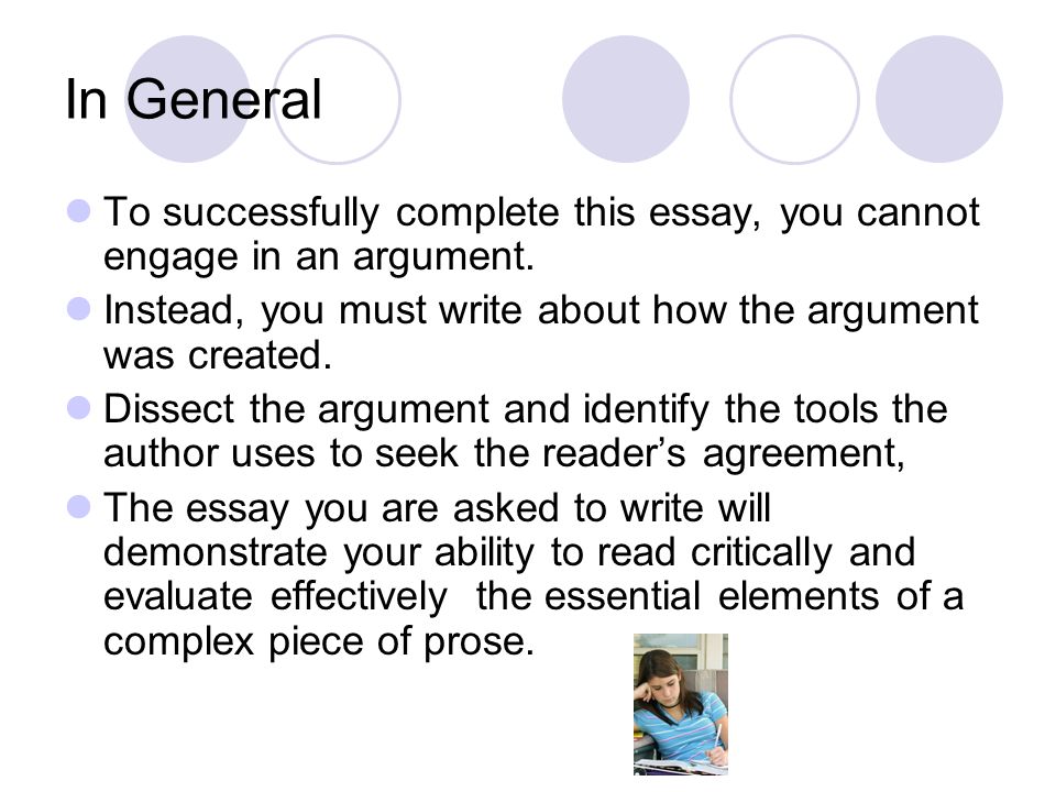In General To successfully complete this essay, you cannot engage in an argument. Instead, you must write about how the argument was created.