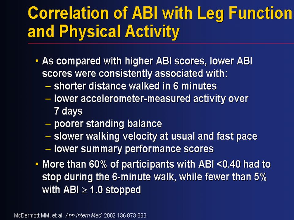 McDermott and colleagues evaluated the relationship between the ankle brachial index (ABI) and leg function in 740 patients (460 with peripheral arterial disease [PAD]).[1] They demonstrated that ABI is more closely related with leg function than intermittent claudication or other leg symptoms. Lower ABI scores were consistently associated with shorter distance walked in 6 minutes, lower accelerometer-measured activity over 7 days, poorer standing balance, slower walking velocity at usual and fast pace, and lower overall summary performance scores.