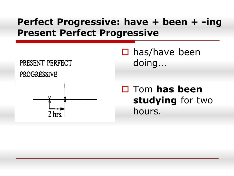 Perfect Progressive: have + been + -ing Present Perfect Progressive