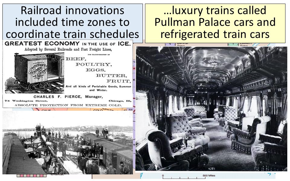 Railroad innovations included time zones to coordinate train schedules